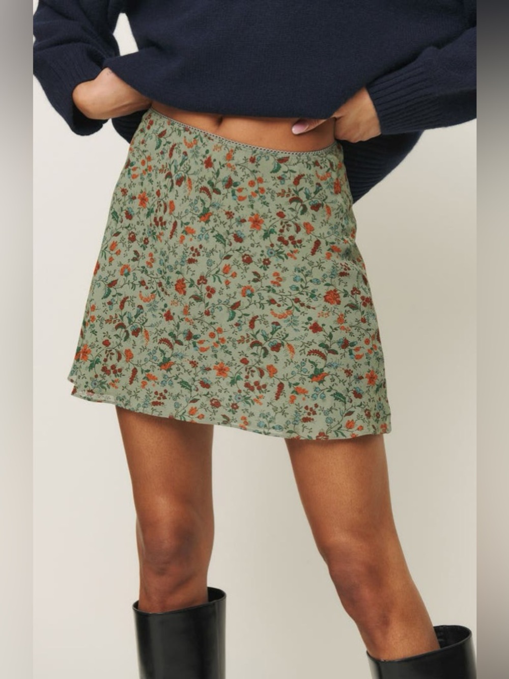 Floral A-Line Mini Skirt in Sage Green